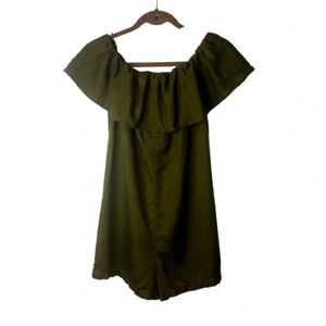 3/$15 

Zara Women Romper Khaki Army Green XS  Ruffle On/Off Shoulder Lyocell